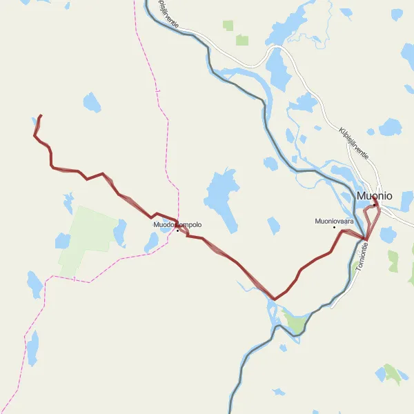 Map miniature of "Muonio Gravel Adventure" cycling inspiration in Pohjois- ja Itä-Suomi, Finland. Generated by Tarmacs.app cycling route planner