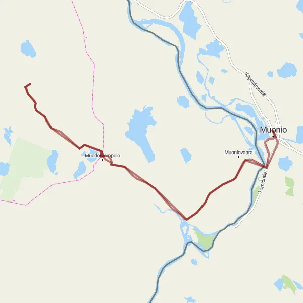 Map miniature of "Harriniva Huskyfarm Gravel Loop" cycling inspiration in Pohjois- ja Itä-Suomi, Finland. Generated by Tarmacs.app cycling route planner