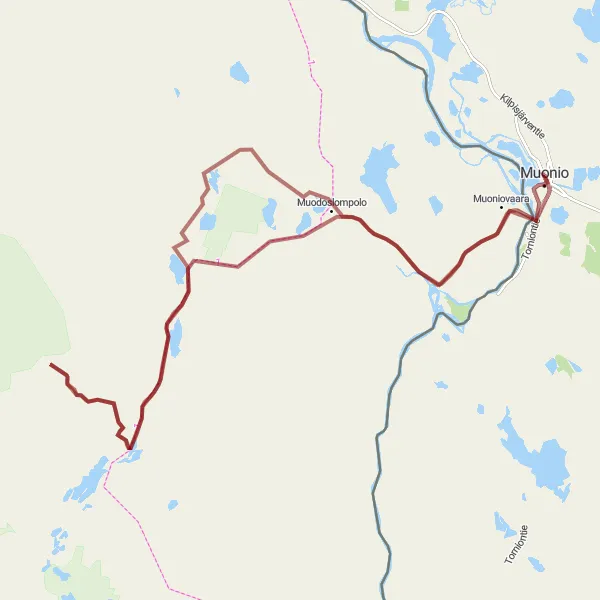 Map miniature of "Muonionalusta Gravel Adventure" cycling inspiration in Pohjois- ja Itä-Suomi, Finland. Generated by Tarmacs.app cycling route planner