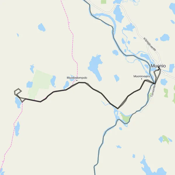 Map miniature of "Muonio Muodoslompolo Scenic Ride" cycling inspiration in Pohjois- ja Itä-Suomi, Finland. Generated by Tarmacs.app cycling route planner