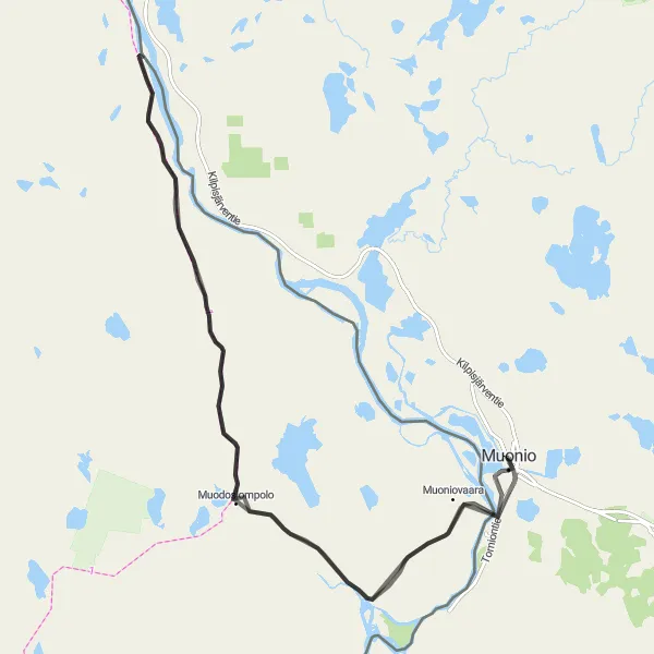 Map miniature of "Muonio Gravel Adventure" cycling inspiration in Pohjois- ja Itä-Suomi, Finland. Generated by Tarmacs.app cycling route planner