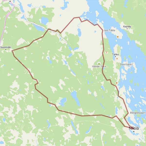 Karttaminiaatyyri "Nilsiä - Pöllölaavu - Tahkomäki (Sora)" pyöräilyinspiraatiosta alueella Pohjois- ja Itä-Suomi, Finland. Luotu Tarmacs.app pyöräilyreittisuunnittelijalla