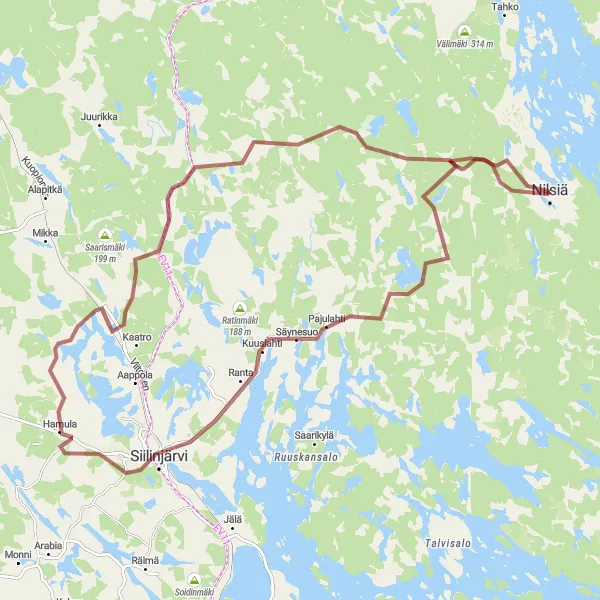 Map miniature of "Nilsiä and Surrounding Gravel Adventure" cycling inspiration in Pohjois- ja Itä-Suomi, Finland. Generated by Tarmacs.app cycling route planner