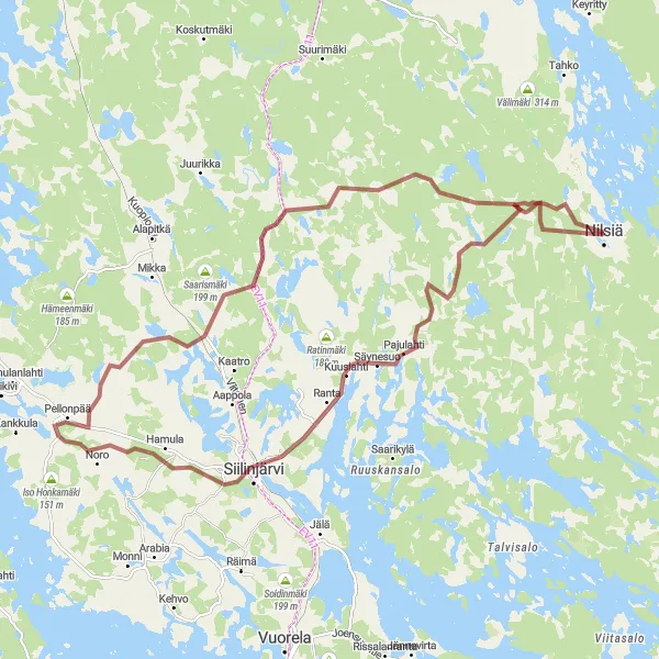 Karttaminiaatyyri "Nilsiä - Vuori Seikkailu" pyöräilyinspiraatiosta alueella Pohjois- ja Itä-Suomi, Finland. Luotu Tarmacs.app pyöräilyreittisuunnittelijalla