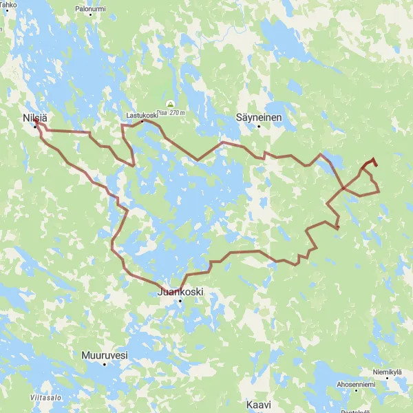 Karttaminiaatyyri "Nilsian ympäristön kaunis hiekkatiekierros" pyöräilyinspiraatiosta alueella Pohjois- ja Itä-Suomi, Finland. Luotu Tarmacs.app pyöräilyreittisuunnittelijalla