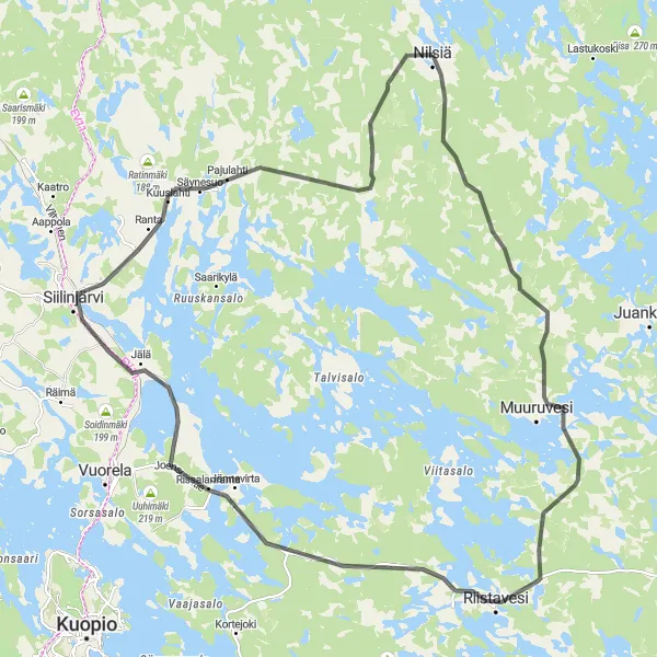 Map miniature of "Road Cycling Tour around Nilsiä" cycling inspiration in Pohjois- ja Itä-Suomi, Finland. Generated by Tarmacs.app cycling route planner