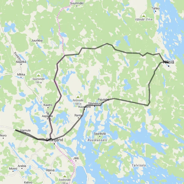 Map miniature of "Scenic Road Biking Route from Nilsiä" cycling inspiration in Pohjois- ja Itä-Suomi, Finland. Generated by Tarmacs.app cycling route planner