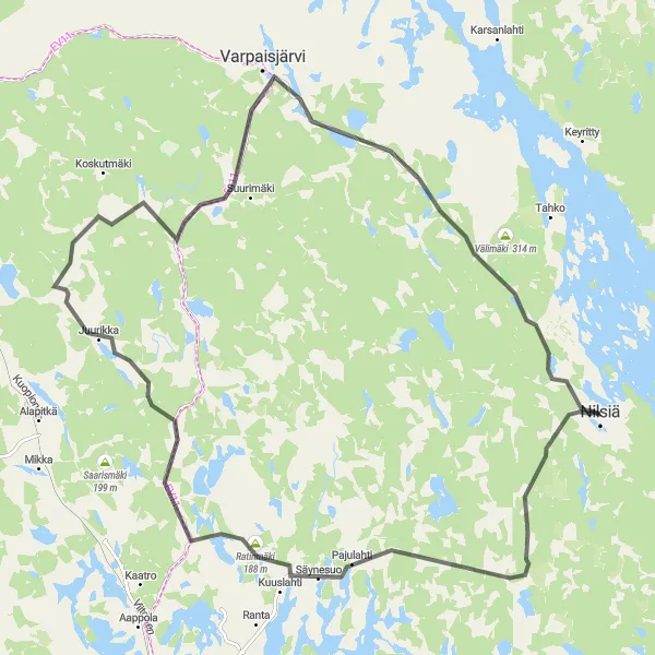 Map miniature of "Nilsiä's Scenic Road Adventure" cycling inspiration in Pohjois- ja Itä-Suomi, Finland. Generated by Tarmacs.app cycling route planner