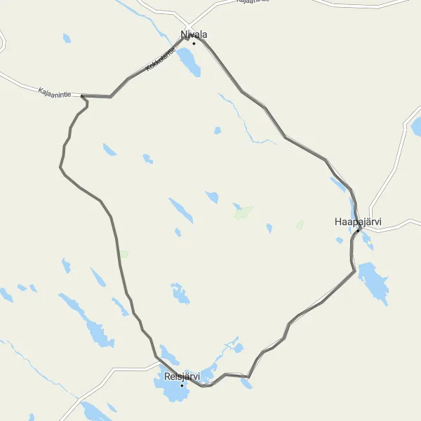 Karttaminiaatyyri "Nivala - Haapajärvi - Reisjärvi Pyöräilyreitti" pyöräilyinspiraatiosta alueella Pohjois- ja Itä-Suomi, Finland. Luotu Tarmacs.app pyöräilyreittisuunnittelijalla