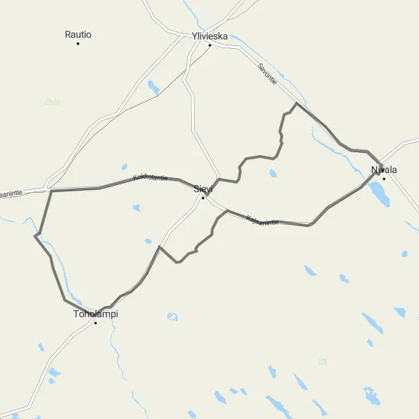 Karttaminiaatyyri "Nivala - Hanhineva Circuit" pyöräilyinspiraatiosta alueella Pohjois- ja Itä-Suomi, Finland. Luotu Tarmacs.app pyöräilyreittisuunnittelijalla