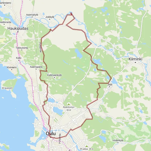 Karttaminiaatyyri "Tuira-Ritaharju-Hurissalo-Jääli-Oulu Reitti" pyöräilyinspiraatiosta alueella Pohjois- ja Itä-Suomi, Finland. Luotu Tarmacs.app pyöräilyreittisuunnittelijalla