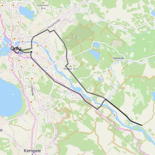 Map miniature of "Myllytulli Enchantment" cycling inspiration in Pohjois- ja Itä-Suomi, Finland. Generated by Tarmacs.app cycling route planner