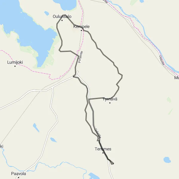 Map miniature of "The Temples and Hills of Oulunsalo" cycling inspiration in Pohjois- ja Itä-Suomi, Finland. Generated by Tarmacs.app cycling route planner