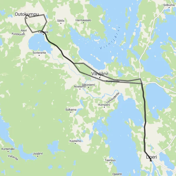 Map miniature of "Liperi Road Adventure" cycling inspiration in Pohjois- ja Itä-Suomi, Finland. Generated by Tarmacs.app cycling route planner