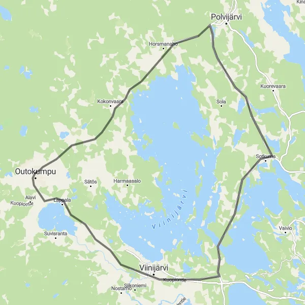 Map miniature of "Sotkuma Road Escape" cycling inspiration in Pohjois- ja Itä-Suomi, Finland. Generated by Tarmacs.app cycling route planner