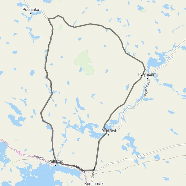 Map miniature of "Väyrylä-Suovaara-Mieslahti Loop" cycling inspiration in Pohjois- ja Itä-Suomi, Finland. Generated by Tarmacs.app cycling route planner