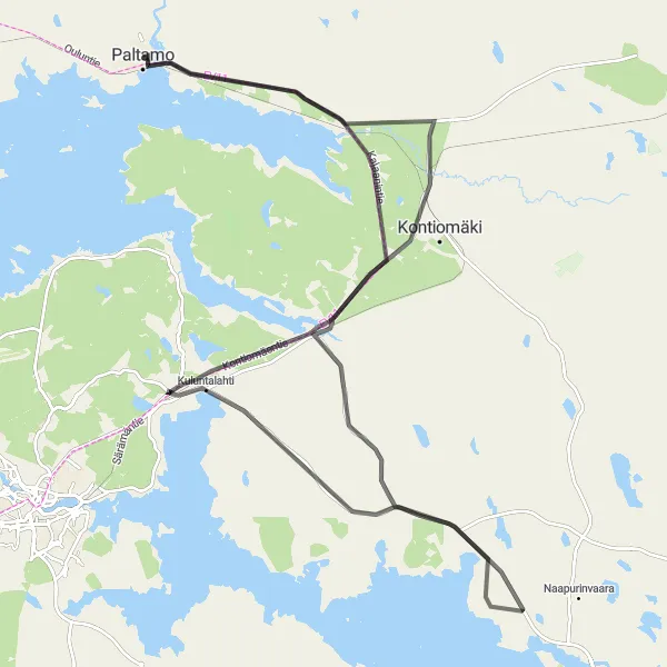 Map miniature of "Paltamo-Jormua Loop" cycling inspiration in Pohjois- ja Itä-Suomi, Finland. Generated by Tarmacs.app cycling route planner