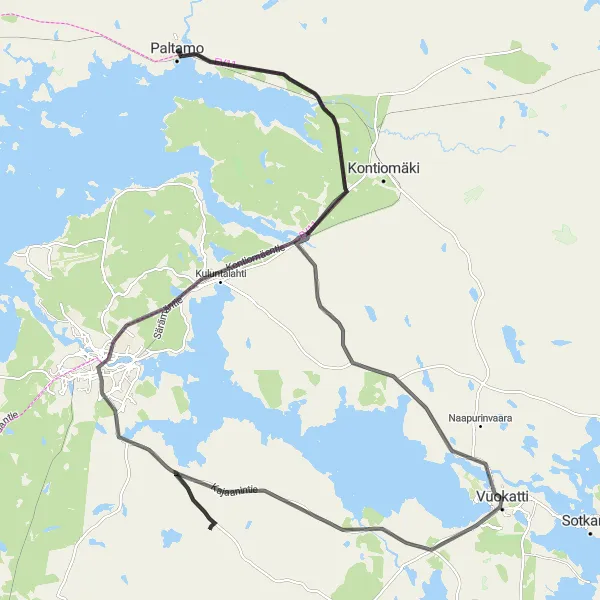 Map miniature of "Paltamo-Kajaani Loop" cycling inspiration in Pohjois- ja Itä-Suomi, Finland. Generated by Tarmacs.app cycling route planner