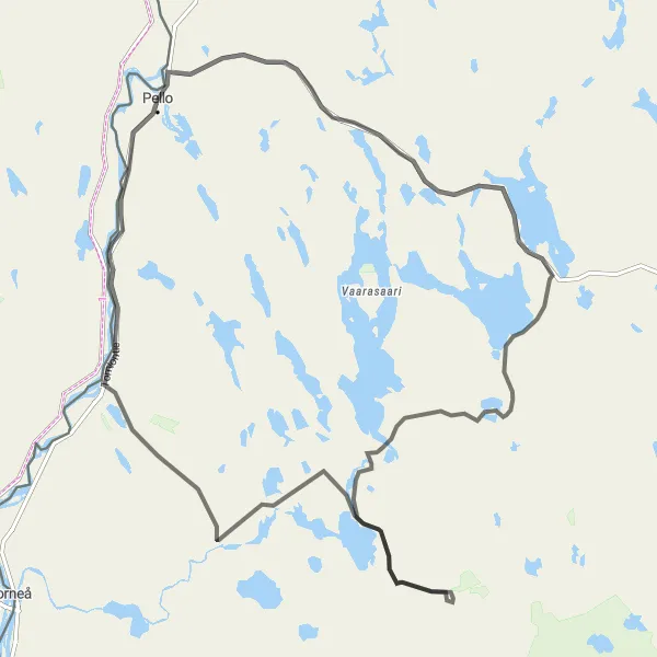 Map miniature of "Pello to Juoksenki Road Cycling Route" cycling inspiration in Pohjois- ja Itä-Suomi, Finland. Generated by Tarmacs.app cycling route planner