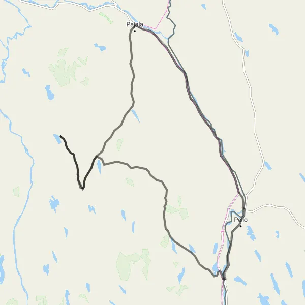 Map miniature of "Pello to Pajala Road Cycling Route" cycling inspiration in Pohjois- ja Itä-Suomi, Finland. Generated by Tarmacs.app cycling route planner