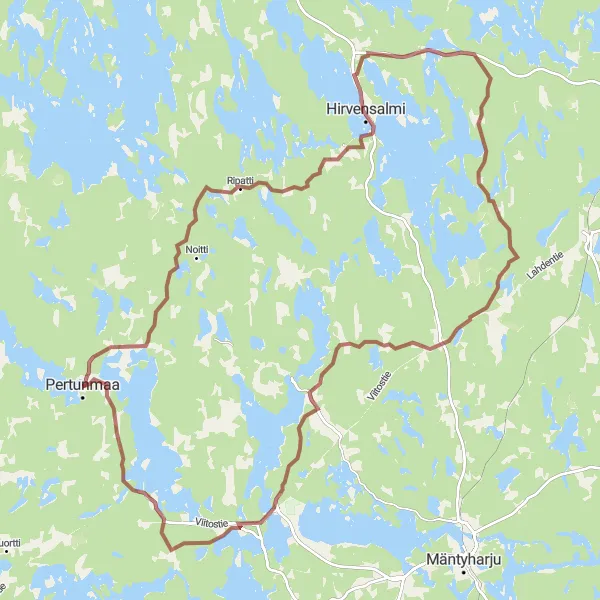 Map miniature of "Scenic Ride to Hirvensalmi" cycling inspiration in Pohjois- ja Itä-Suomi, Finland. Generated by Tarmacs.app cycling route planner