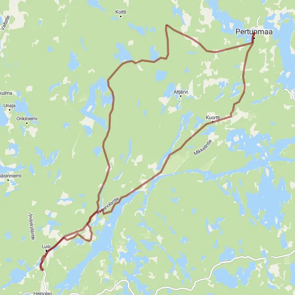 Map miniature of "Kuortti and Pertunmaa Gravel Loop" cycling inspiration in Pohjois- ja Itä-Suomi, Finland. Generated by Tarmacs.app cycling route planner
