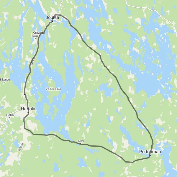 Map miniature of "Hartola and Viheri Bridge Loop Road" cycling inspiration in Pohjois- ja Itä-Suomi, Finland. Generated by Tarmacs.app cycling route planner