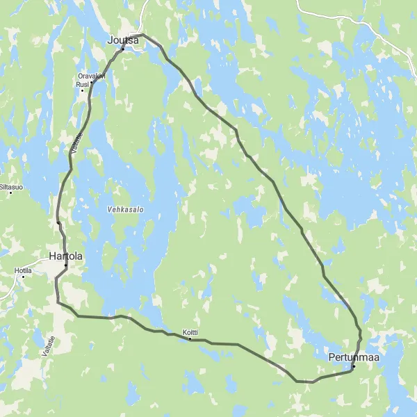 Karttaminiaatyyri "Pertunmaa - Hartola - Viheri Bridge - Viheri" pyöräilyinspiraatiosta alueella Pohjois- ja Itä-Suomi, Finland. Luotu Tarmacs.app pyöräilyreittisuunnittelijalla