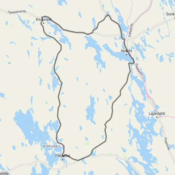 Karttaminiaatyyri "Kiuruvesi - Lepikon torppa - Iisalmi - Pielavesi loop" pyöräilyinspiraatiosta alueella Pohjois- ja Itä-Suomi, Finland. Luotu Tarmacs.app pyöräilyreittisuunnittelijalla