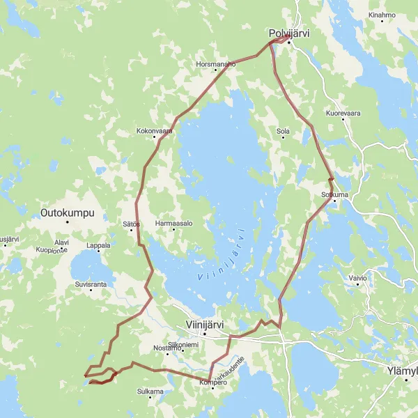 Map miniature of "Polvijärvi to Ahonkylä Gravel Route" cycling inspiration in Pohjois- ja Itä-Suomi, Finland. Generated by Tarmacs.app cycling route planner