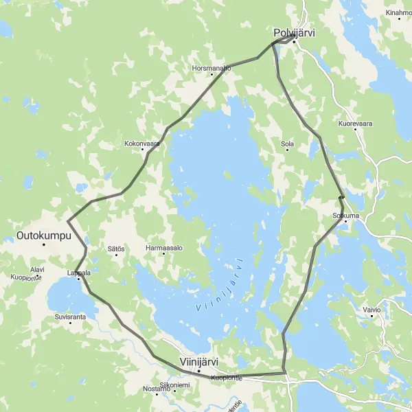 Karttaminiaatyyri "Polvijärvi - Sotkuma - Käsämä - Ahonkylä road cycling route" pyöräilyinspiraatiosta alueella Pohjois- ja Itä-Suomi, Finland. Luotu Tarmacs.app pyöräilyreittisuunnittelijalla