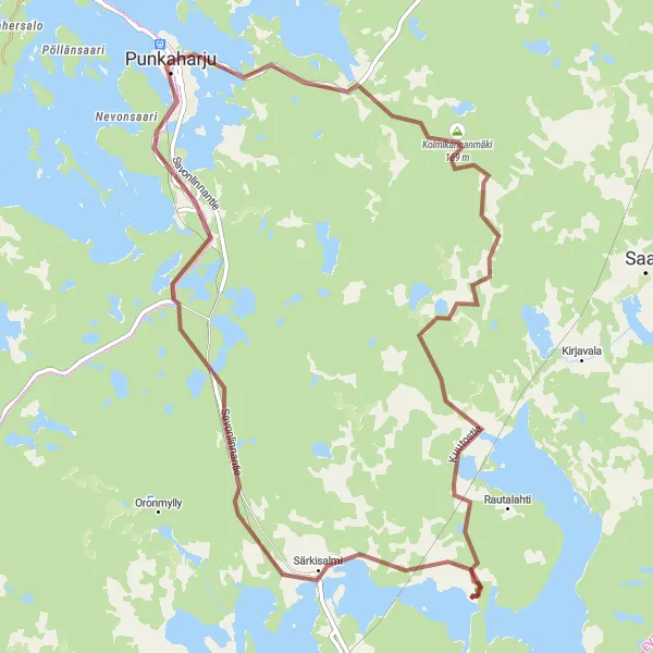 Map miniature of "Gravel Adventures near Punkaharju" cycling inspiration in Pohjois- ja Itä-Suomi, Finland. Generated by Tarmacs.app cycling route planner