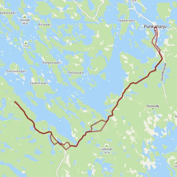 Map miniature of "Thrilling Gravel Exploration" cycling inspiration in Pohjois- ja Itä-Suomi, Finland. Generated by Tarmacs.app cycling route planner