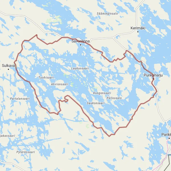 Karttaminiaatyyri "Gravel Tour around Punkaharju" pyöräilyinspiraatiosta alueella Pohjois- ja Itä-Suomi, Finland. Luotu Tarmacs.app pyöräilyreittisuunnittelijalla