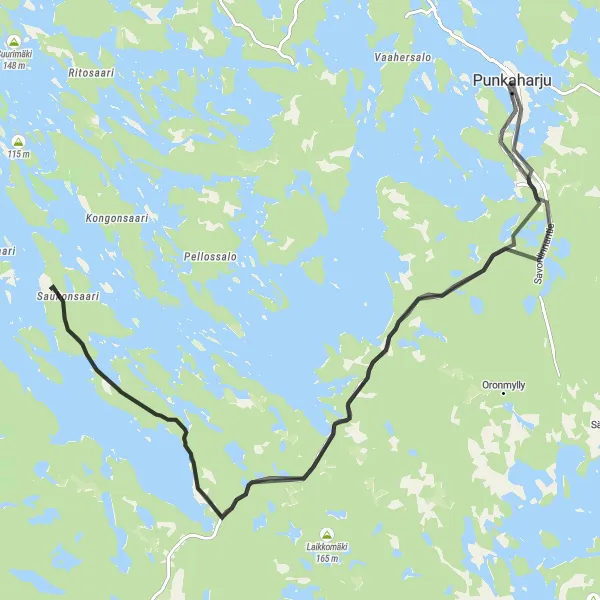 Karttaminiaatyyri "Road Adventure to Punkaharju" pyöräilyinspiraatiosta alueella Pohjois- ja Itä-Suomi, Finland. Luotu Tarmacs.app pyöräilyreittisuunnittelijalla