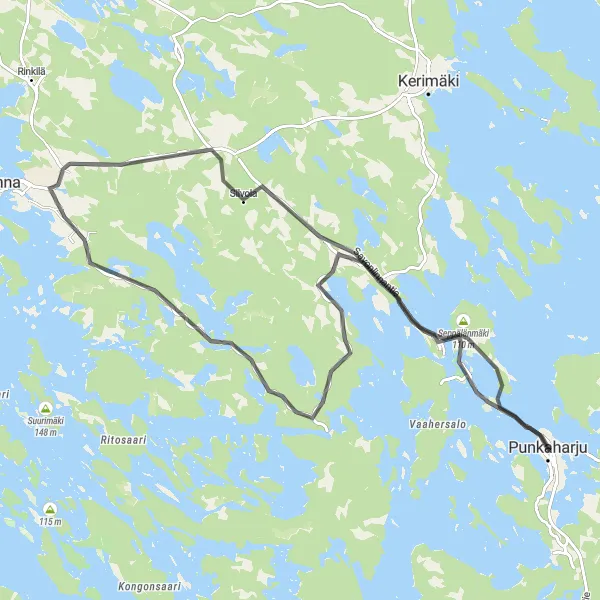 Karttaminiaatyyri "Scenic Road Loop near Punkaharju" pyöräilyinspiraatiosta alueella Pohjois- ja Itä-Suomi, Finland. Luotu Tarmacs.app pyöräilyreittisuunnittelijalla
