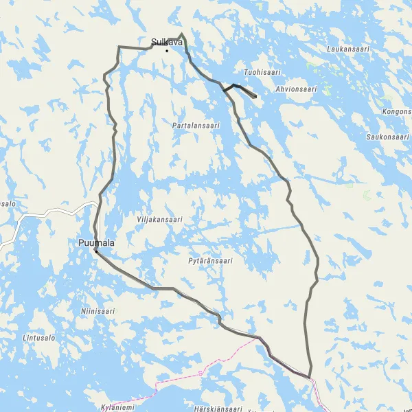 Map miniature of "Puumala to Luukkosenkylän tuulimylly" cycling inspiration in Pohjois- ja Itä-Suomi, Finland. Generated by Tarmacs.app cycling route planner