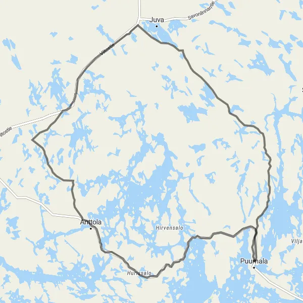 Karttaminiaatyyri "Puumala-Puumala Road Cycling Adventure" pyöräilyinspiraatiosta alueella Pohjois- ja Itä-Suomi, Finland. Luotu Tarmacs.app pyöräilyreittisuunnittelijalla
