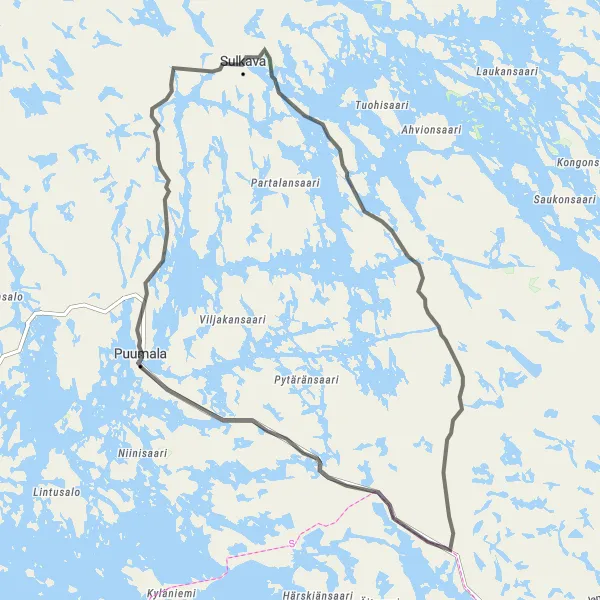 Map miniature of "Puumala to Luukkosenkylän tuulimylly" cycling inspiration in Pohjois- ja Itä-Suomi, Finland. Generated by Tarmacs.app cycling route planner