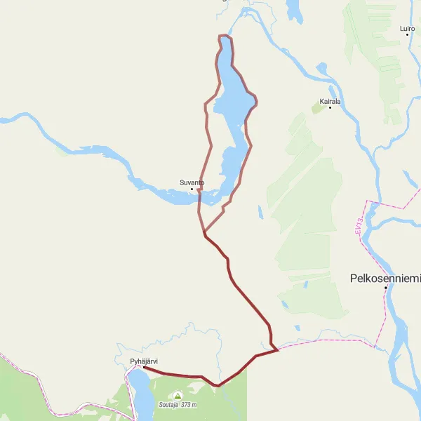 Map miniature of "Pyhäjärvi Gravel Loop" cycling inspiration in Pohjois- ja Itä-Suomi, Finland. Generated by Tarmacs.app cycling route planner