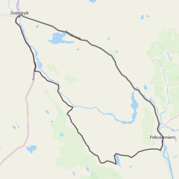 Karttaminiaatyyri "Pyhäjärvi - Luosto - Sodankylä - Pelkosenniemi - Soutaja - Pyhäjärvi" pyöräilyinspiraatiosta alueella Pohjois- ja Itä-Suomi, Finland. Luotu Tarmacs.app pyöräilyreittisuunnittelijalla