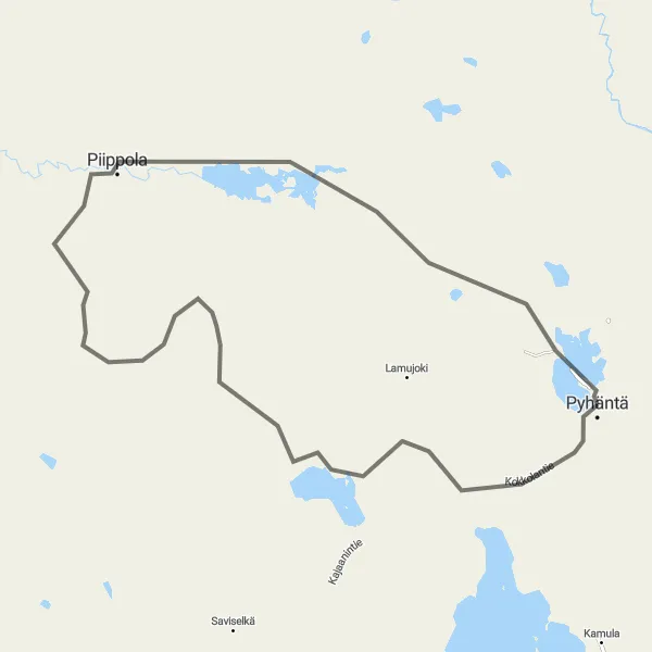 Karttaminiaatyyri "Pyhäntä - Piippola - Pyhännänjärvi Road Cycling Route" pyöräilyinspiraatiosta alueella Pohjois- ja Itä-Suomi, Finland. Luotu Tarmacs.app pyöräilyreittisuunnittelijalla