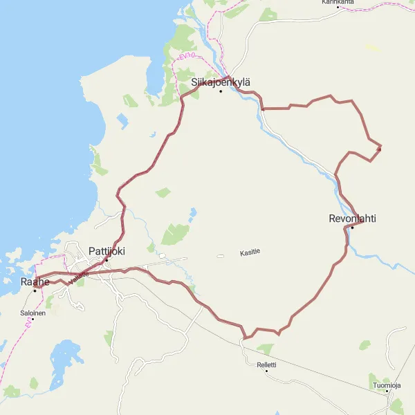 Map miniature of "Raahe - Revonlahti Gravel Route" cycling inspiration in Pohjois- ja Itä-Suomi, Finland. Generated by Tarmacs.app cycling route planner