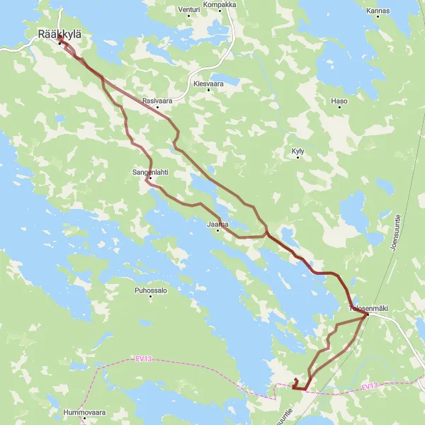 Map miniature of "Rääkkylä to Rasivaara via Kirkonpaikka" cycling inspiration in Pohjois- ja Itä-Suomi, Finland. Generated by Tarmacs.app cycling route planner