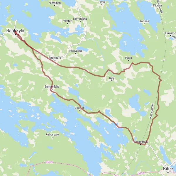 Map miniature of "Rääkkylä to Tolosenmäki via Rasivaara" cycling inspiration in Pohjois- ja Itä-Suomi, Finland. Generated by Tarmacs.app cycling route planner