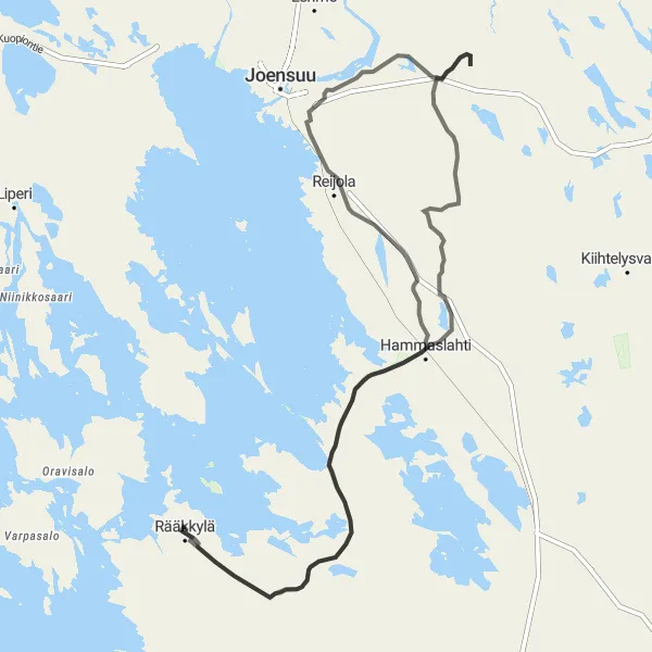 Karttaminiaatyyri "Hammaslahti - Reijola - Utransaari - Rääkkylä" pyöräilyinspiraatiosta alueella Pohjois- ja Itä-Suomi, Finland. Luotu Tarmacs.app pyöräilyreittisuunnittelijalla