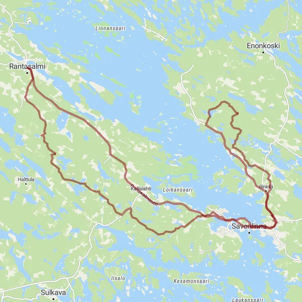 Karttaminiaatyyri "Rantasalmi- Savonlinna Gravel Adventure" pyöräilyinspiraatiosta alueella Pohjois- ja Itä-Suomi, Finland. Luotu Tarmacs.app pyöräilyreittisuunnittelijalla