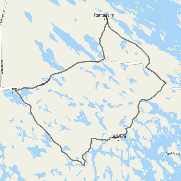 Map miniature of "Sulkava Discovery" cycling inspiration in Pohjois- ja Itä-Suomi, Finland. Generated by Tarmacs.app cycling route planner