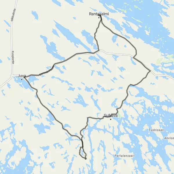 Karttaminiaatyyri "Sulkava-Rantasalmi Circuit" pyöräilyinspiraatiosta alueella Pohjois- ja Itä-Suomi, Finland. Luotu Tarmacs.app pyöräilyreittisuunnittelijalla