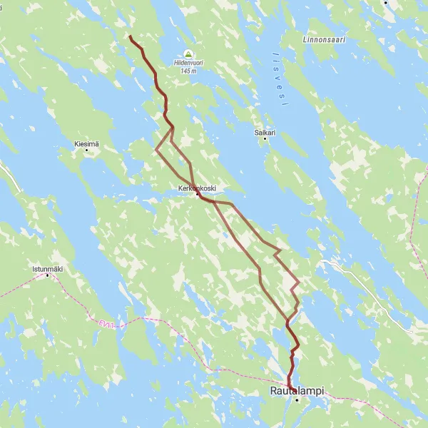 Map miniature of "Gravel Adventures through Rautalampi's Wilderness" cycling inspiration in Pohjois- ja Itä-Suomi, Finland. Generated by Tarmacs.app cycling route planner